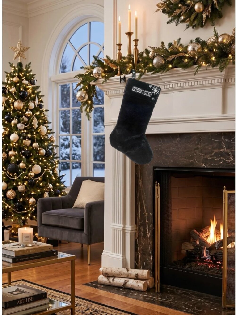 Victoria's Secret Black Faux Fur Large Snowflake Stocking